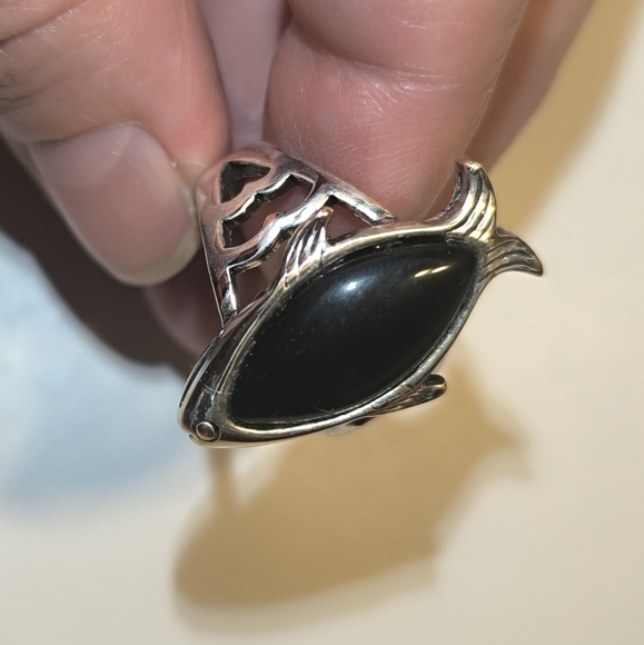 Large Textured Fish Black Onyx Sterling Silver Men Unisex Ring Size 10 - Picture 7 of 17